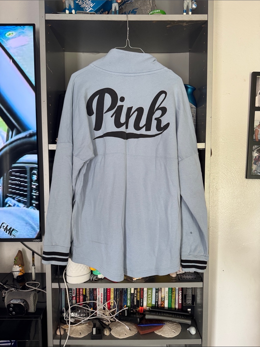 PINK Victoria's Secret Light Blue Varsity-Style Jacket with Black Logo